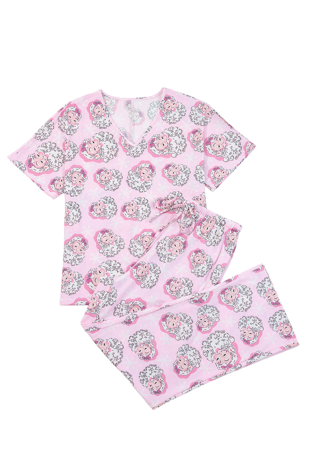 Festive Pink Santa Claus Print V-Neck Tee and Drawstring Pants 2-Piece Lounge Set for Women