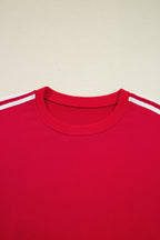 Fiery Red Varsity Striped Detail Crewneck Pullover Elastic Sweatpants 2pcs Outfit