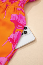 Orange Floral Print Frilly Smocked V Neck 3/4 Sleeve Long Dress