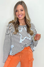 Gray Stripe Starry Patch Drop Shoulder Raw Edge Casual Knit Top