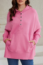 Pink Batwing Sleeve Pocketed Henley Hoodie