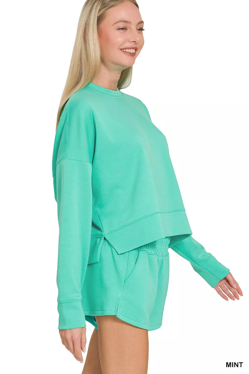 Zenana Scuba Long Sleeve Sweatshirts & Shorts Set