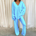 Elegant Solid Color V-Neck Two-Piece Set for Women - Casual & Fashionable