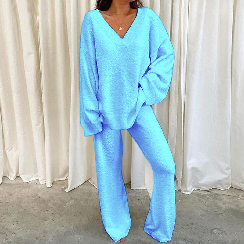 Elegant Solid Color V-Neck Two-Piece Set for Women - Casual & Fashionable
