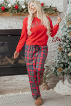 Festive Red Plaid Mama Graphic Christmas Holiday Crewneck Pullover and Pants Two-Piece Lounge Set