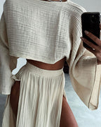 Stylish Slit Cotton and Linen Casual Two-Piece Set for Women - Perfect for Spring, Autumn, and Summer