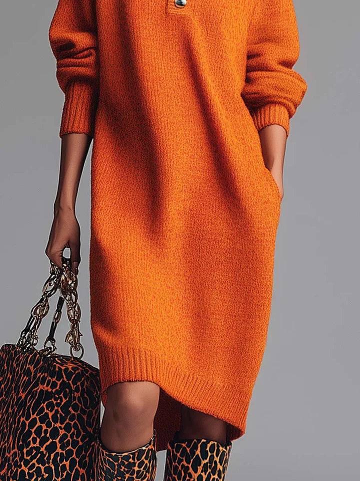 Vibrant Orange Lapel Button-Front Knit Midi Dress - Elegant & Comfortable for All Occasions