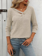 Ribbed Knit Long Sleeve Button Detail T-Shirt