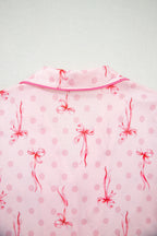 Pink Bow Print Contrast Pipping Short Pajamas Set