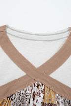 White Floral Printed Contrast Patchwork Long Sleeve Top