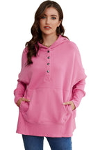 Pink Batwing Sleeve Pocketed Henley Hoodie