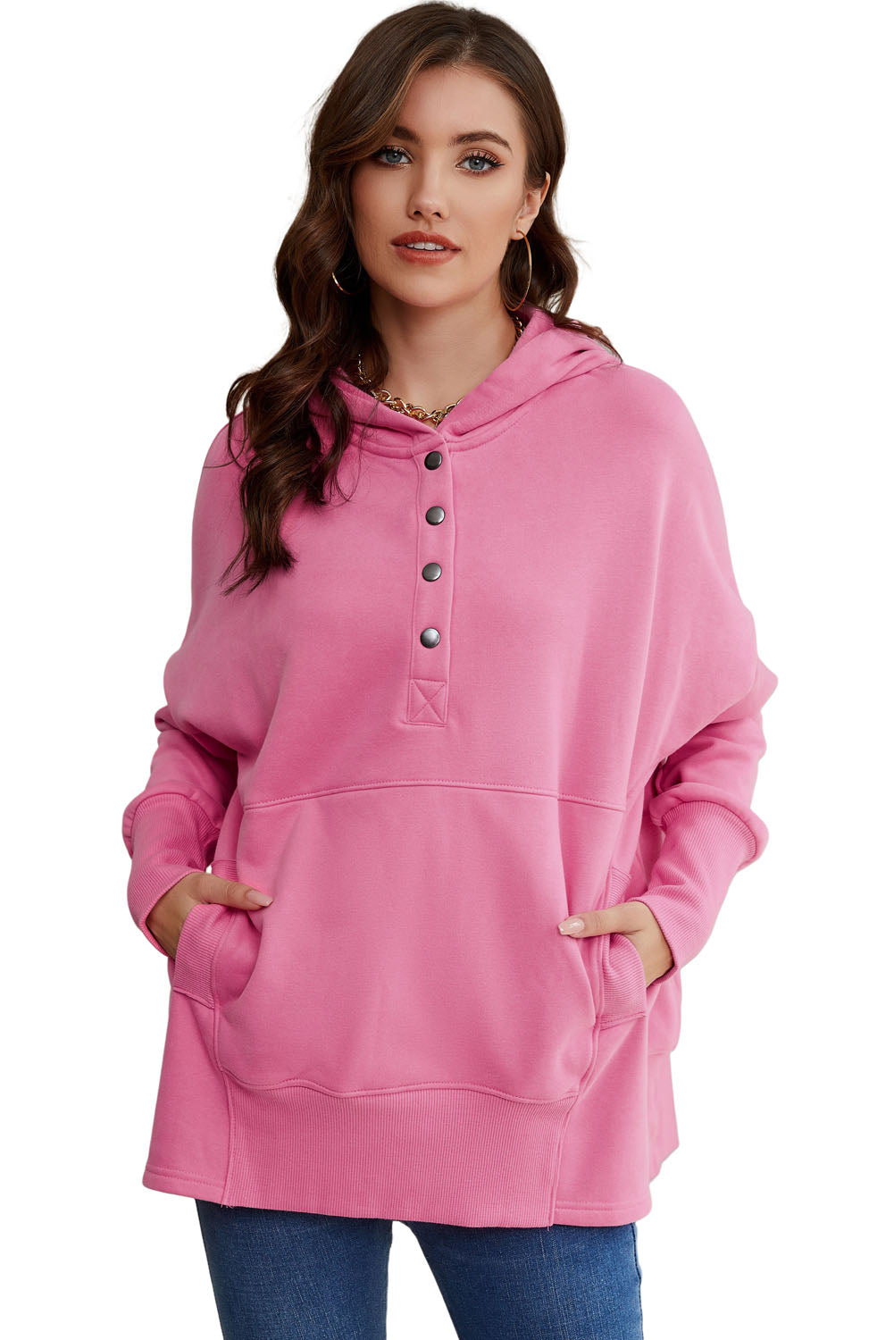 Pink Batwing Sleeve Pocketed Henley Hoodie