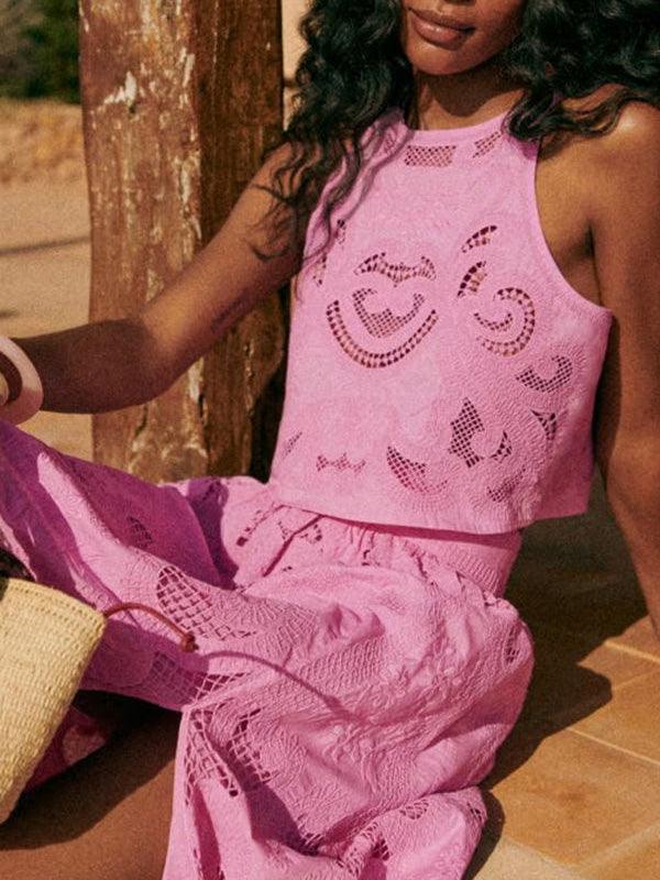 Elegant Sleeveless Hollow Lace Short Suit - Chic & Comfortable