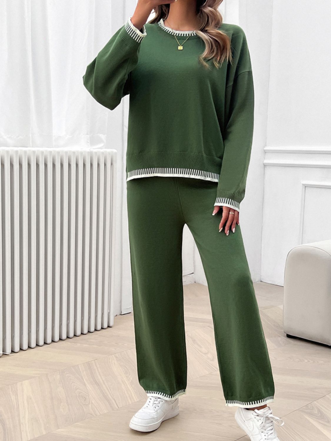 Blue Zone Planet |  Round Neck Dropped Shoulder Top And Pants Sweater Set