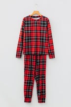Red Festive Plaid Print Round Neck Long Sleeve and Pants 2 Piece Lounge Set