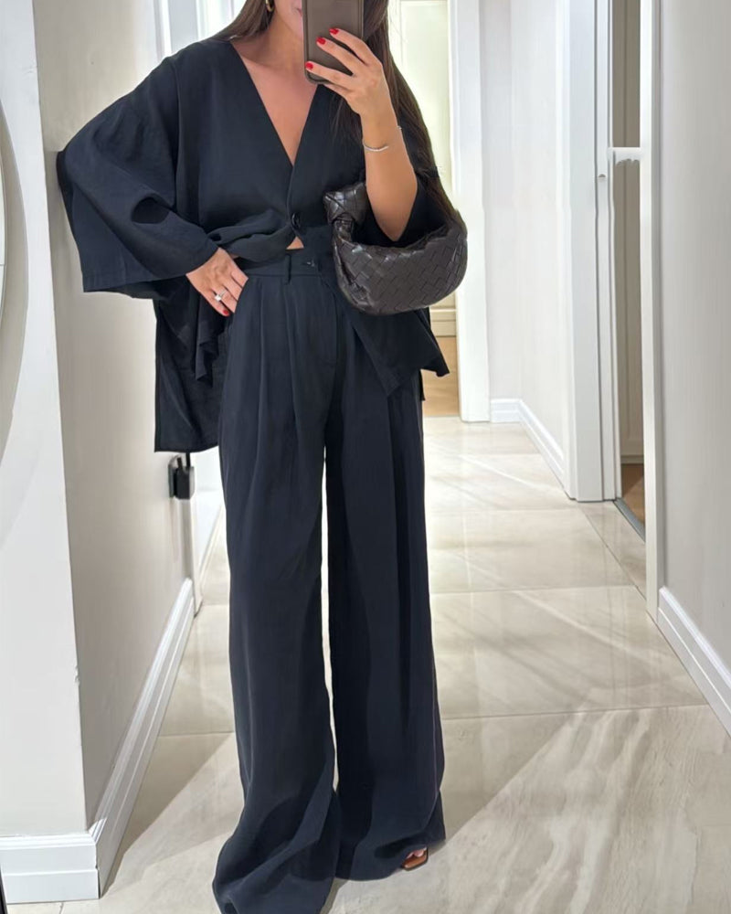 Women's Casual V-Neck Top and Matching Pants Two-Piece Set for Daily, Holiday, and Going Out