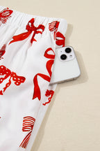 Festive Red Bow Print Long Sleeve 2-Piece Pajama Set for Christmas