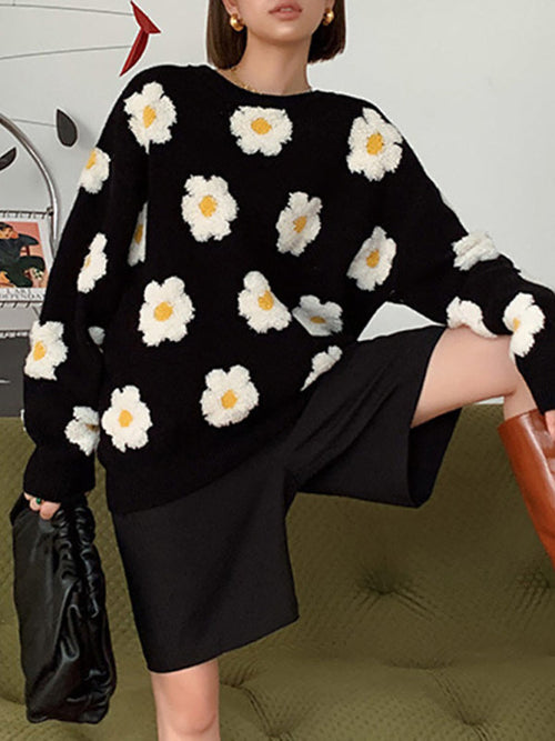 3D Daisy Contrast Knit Sweater Sweater