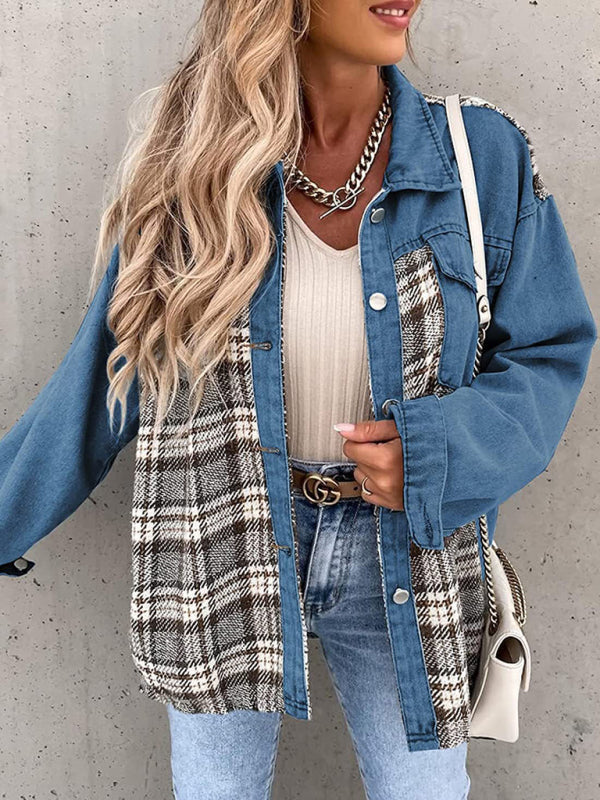 Blue Zone Planet |  Denim Jacket Long Sleeve Check Button Down Shirt Jacket Top