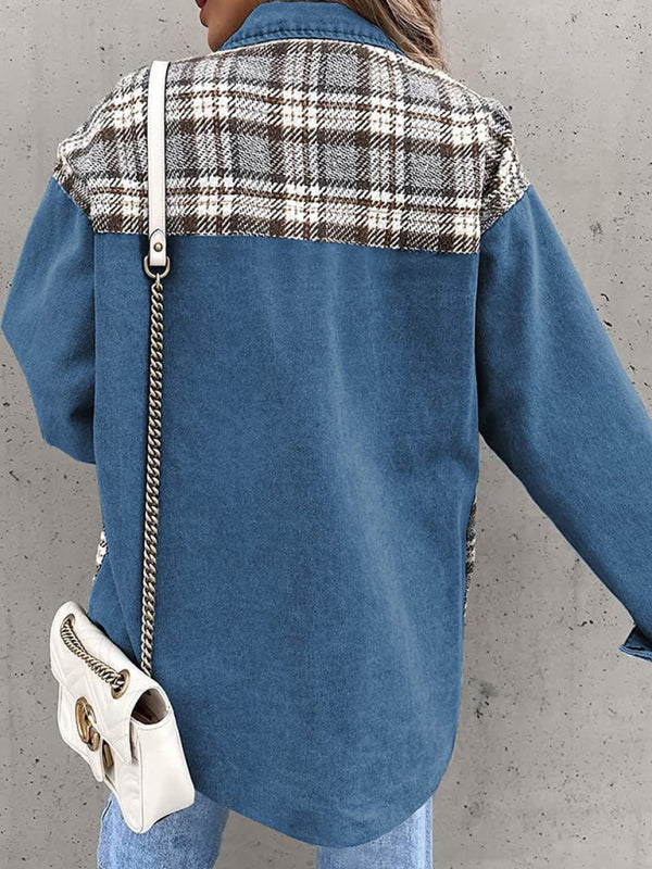 Blue Zone Planet |  Denim Jacket Long Sleeve Check Button Down Shirt Jacket Top