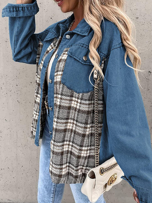 Blue Zone Planet |  Denim Jacket Long Sleeve Check Button Down Shirt Jacket Top
