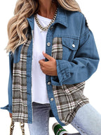 Blue Zone Planet |  Denim Jacket Long Sleeve Check Button Down Shirt Jacket Top