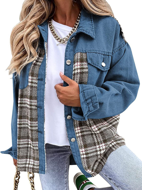 Blue Zone Planet |  Denim Jacket Long Sleeve Check Button Down Shirt Jacket Top