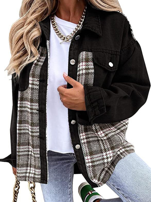 Blue Zone Planet |  Denim Jacket Long Sleeve Check Button Down Shirt Jacket Top