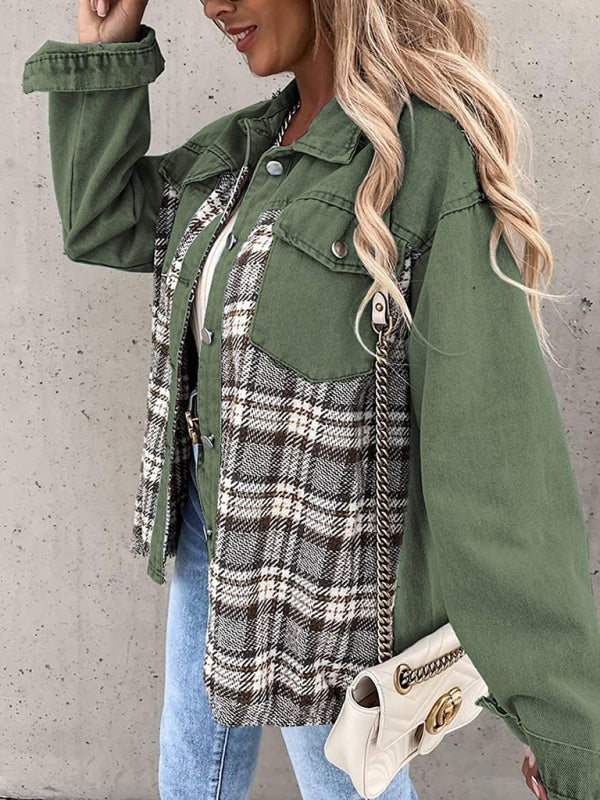 Blue Zone Planet |  Denim Jacket Long Sleeve Check Button Down Shirt Jacket Top