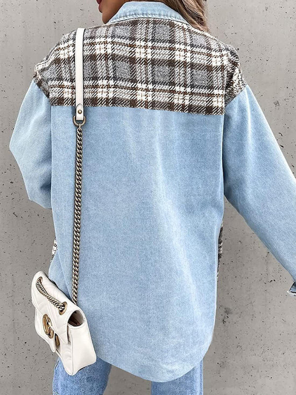 Blue Zone Planet |  Denim Jacket Long Sleeve Check Button Down Shirt Jacket Top
