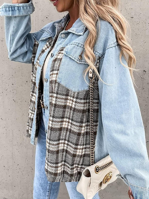 Blue Zone Planet |  Denim Jacket Long Sleeve Check Button Down Shirt Jacket Top