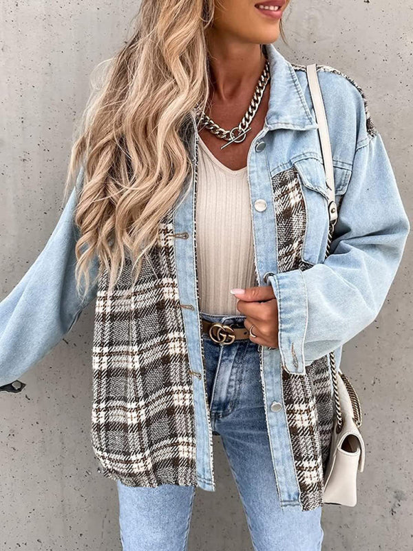 Blue Zone Planet |  Denim Jacket Long Sleeve Check Button Down Shirt Jacket Top