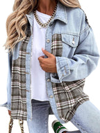 Blue Zone Planet |  Denim Jacket Long Sleeve Check Button Down Shirt Jacket Top