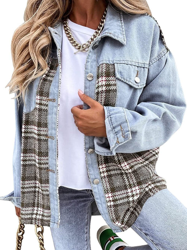 Blue Zone Planet |  Denim Jacket Long Sleeve Check Button Down Shirt Jacket Top