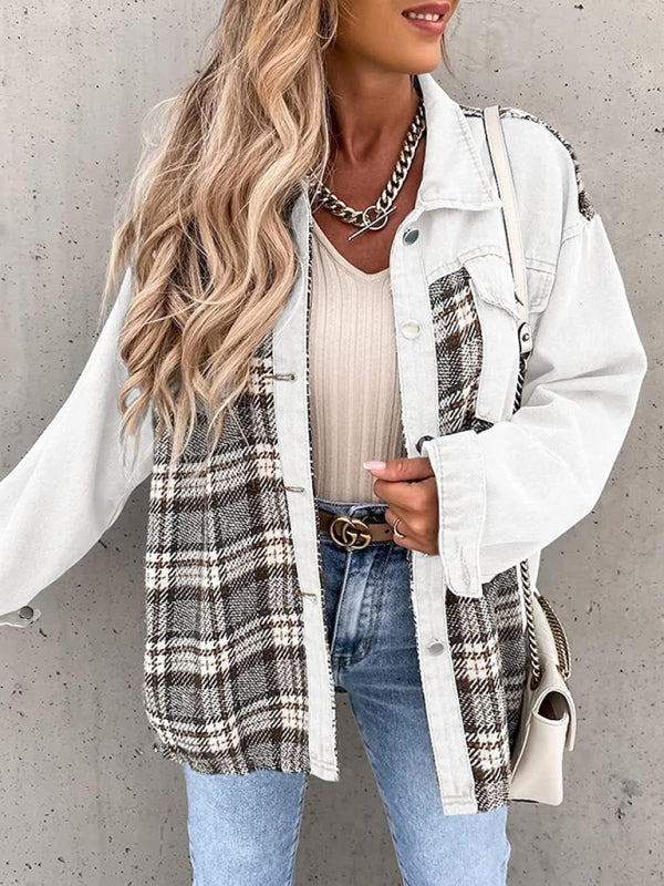 Blue Zone Planet |  Denim Jacket Long Sleeve Check Button Down Shirt Jacket Top