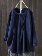 Blue Zone Planet | Cotton Linen Pleated Round Neck Long Sleeve Shirt