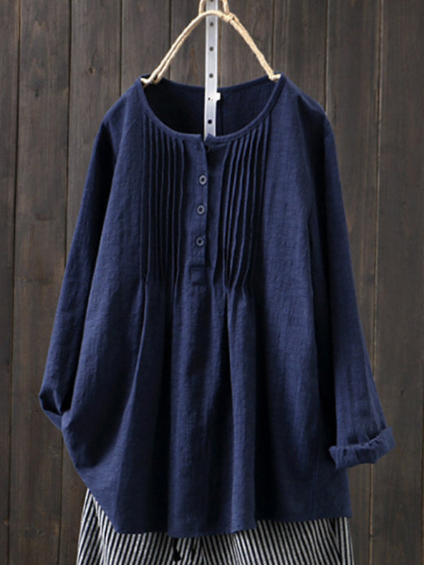 Blue Zone Planet | Cotton Linen Pleated Round Neck Long Sleeve Shirt