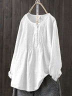 Blue Zone Planet | Cotton Linen Pleated Round Neck Long Sleeve Shirt