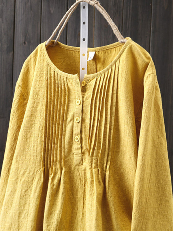 Blue Zone Planet | Cotton Linen Pleated Round Neck Long Sleeve Shirt