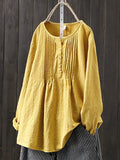 Blue Zone Planet | Cotton Linen Pleated Round Neck Long Sleeve Shirt