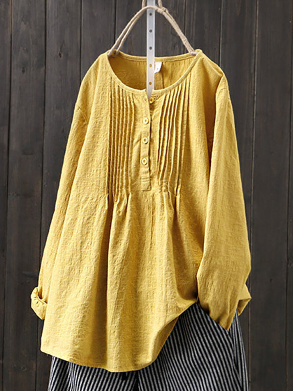 Blue Zone Planet | Cotton Linen Pleated Round Neck Long Sleeve Shirt
