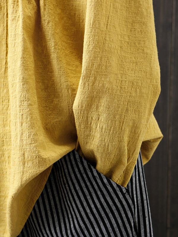 Blue Zone Planet | Cotton Linen Pleated Round Neck Long Sleeve Shirt