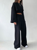 Fashion Pullover Long-Sleeved Navel Sweater + Suspender Straight-Leg Wide-Leg Pants Three-Piece Set