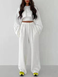 Fashion Pullover Long-Sleeved Navel Sweater + Suspender Straight-Leg Wide-Leg Pants Three-Piece Set