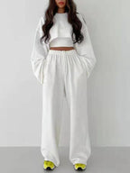 Fashion Pullover Long-Sleeved Navel Sweater + Suspender Straight-Leg Wide-Leg Pants Three-Piece Set