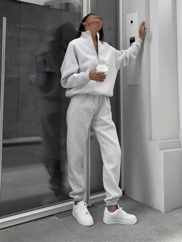 Blue Zone Planet |  Long Sleeve Zipper Stand Collar Sweater Comfortable Loose Sports Leisure Sweater Two-Piece Set