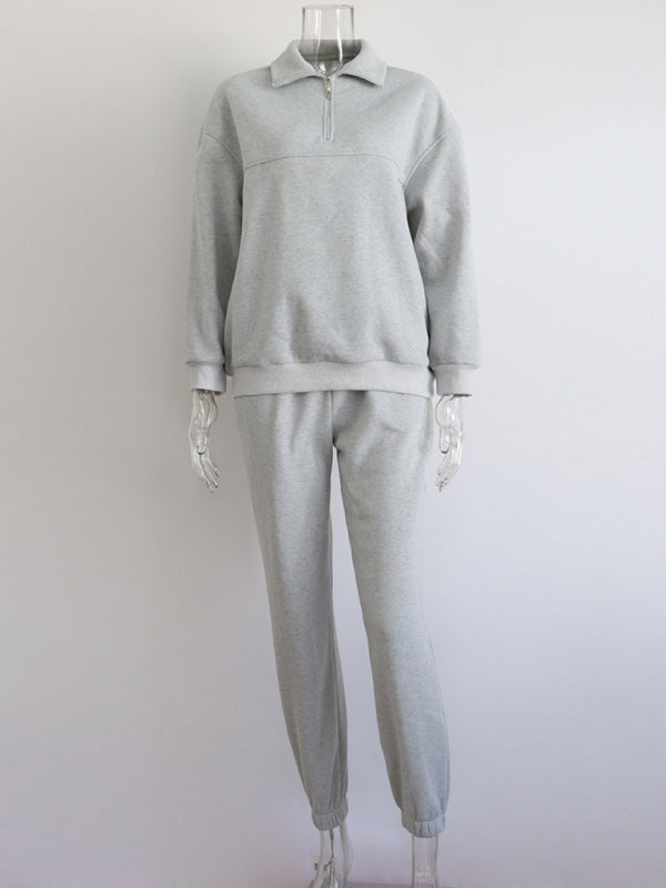 Blue Zone Planet |  Long Sleeve Zipper Stand Collar Sweater Comfortable Loose Sports Leisure Sweater Two-Piece Set