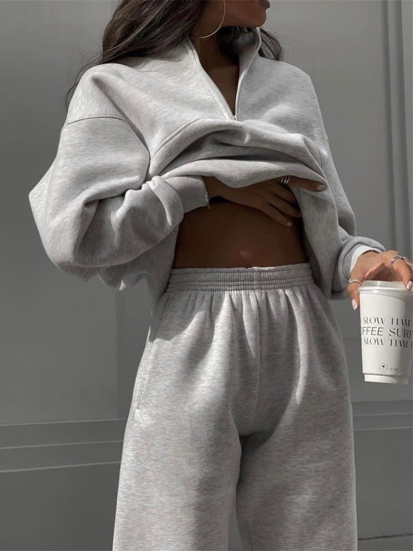 Blue Zone Planet |  Long Sleeve Zipper Stand Collar Sweater Comfortable Loose Sports Leisure Sweater Two-Piece Set