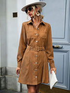 Blue Zone Planet |  Shirt Style Lapel Long Sleeve Corduroy Dress