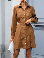 Blue Zone Planet |  Shirt Style Lapel Long Sleeve Corduroy Dress